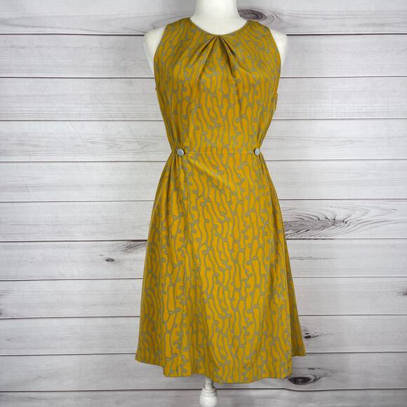 Anthropologie Girls From Savoy Silk Dress Mustard Yellow Gray Sz 4 - Picture 2 of 8